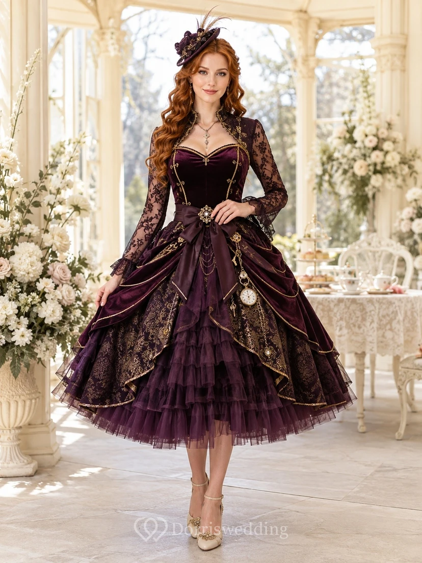 Burgundy Velvet Square Neck Long Sleeve Ball Gown Tea-length Party Dress