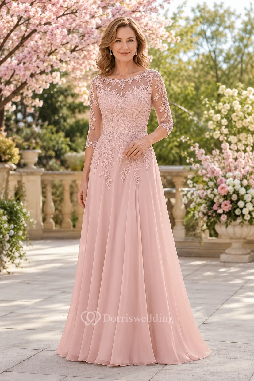 Mutterkleid aus Chiffon mit A-Linie, rosafarbenem Spitzenoberteil und langen Ärmeln