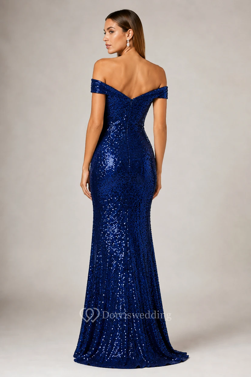 Königsblaues Pailletten-Abendkleid im Meerjungfrauen-Stil mit schulterfreiem Schnitt view 2