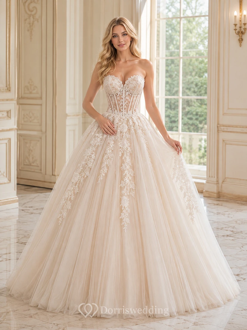Vestido de fiesta romántico largo hasta el suelo, color marfil, sin tirantes, con escote corazón, con varillas, encaje floral y tul.