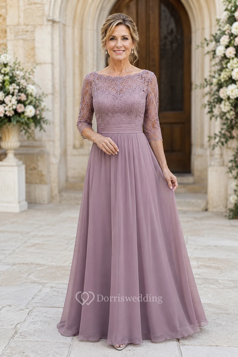 Mutterkleid in Altrosa mit Bateau-Ausschnitt aus Chiffon und A-Linie