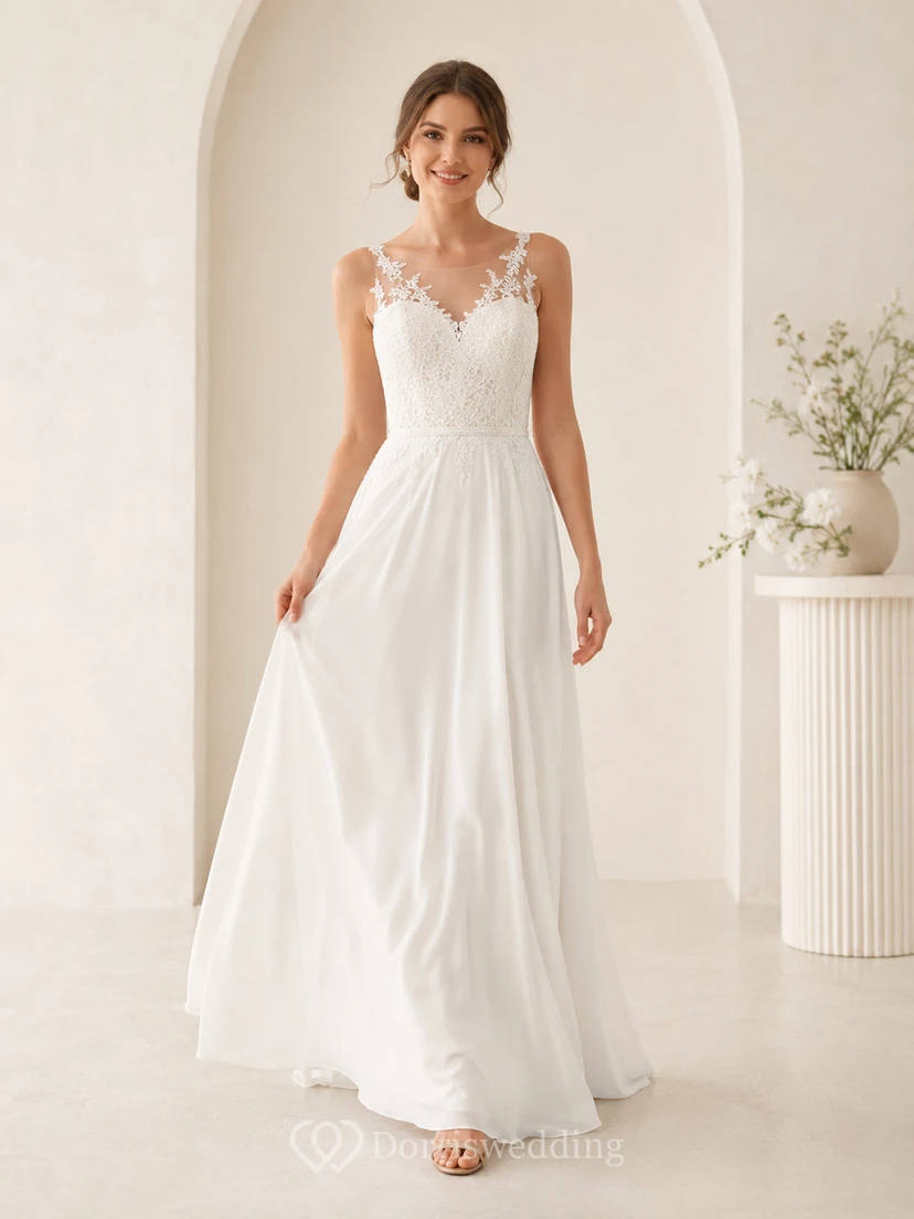 Romantisches Brautkleid in A-Linie aus Tüll, bodenlang, mit Spitzenträgern
