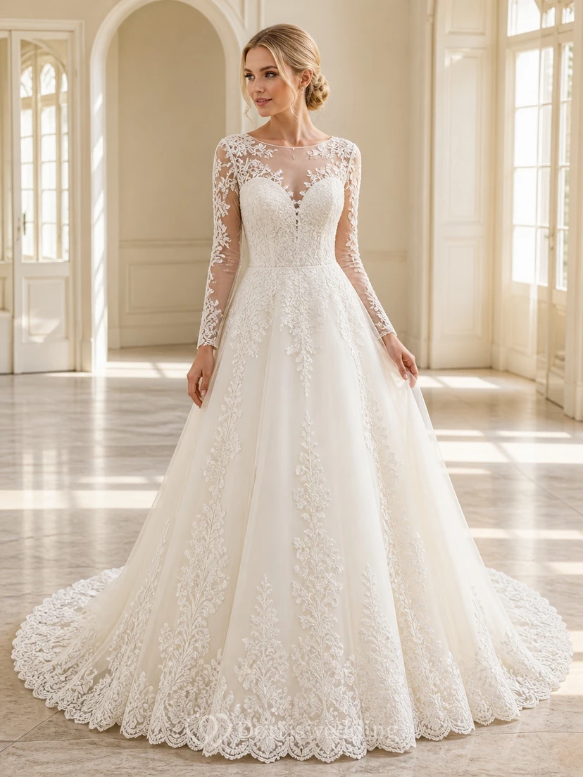 Vestido de novia modesto de manga larga, corte A, estilo barco, con encaje y estampado de vides, ideal para capilla.