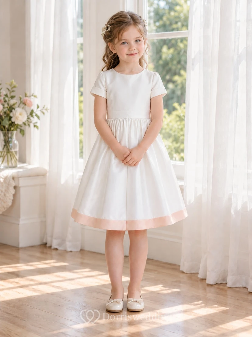 Einfaches elfenbeinfarbenes, kurzärmeliges Blumenmädchenkleid mit rosa Saum view 2