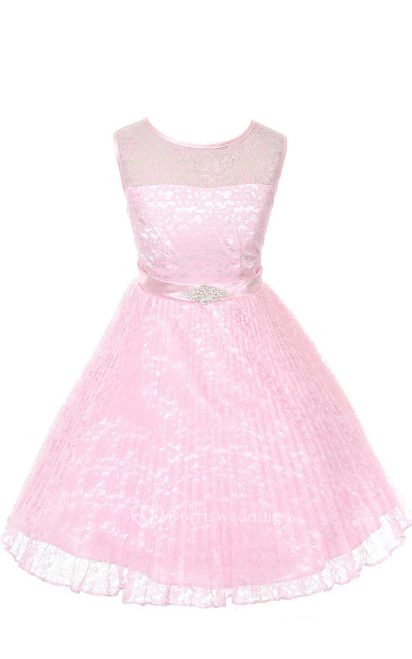 A-line Sleeveless Jewel Neck Lace Dress With Satin Belt view 5