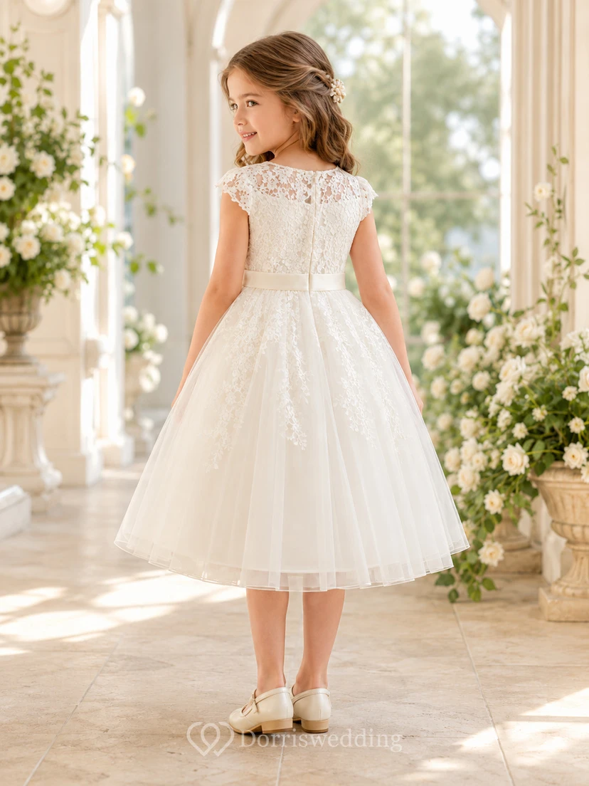 Elegant A-Line Flower Girl Lace Tulle Knee-Length Cap Sleeve Scalloped Neck Wedding Dress view 2