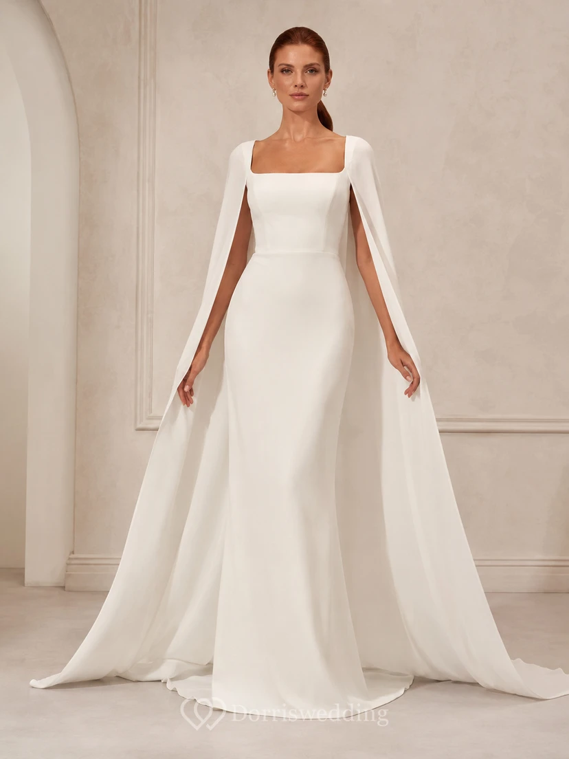 Robe de mariée minimaliste en satin, coupe trapèze, col carré, sans manches, traîne.