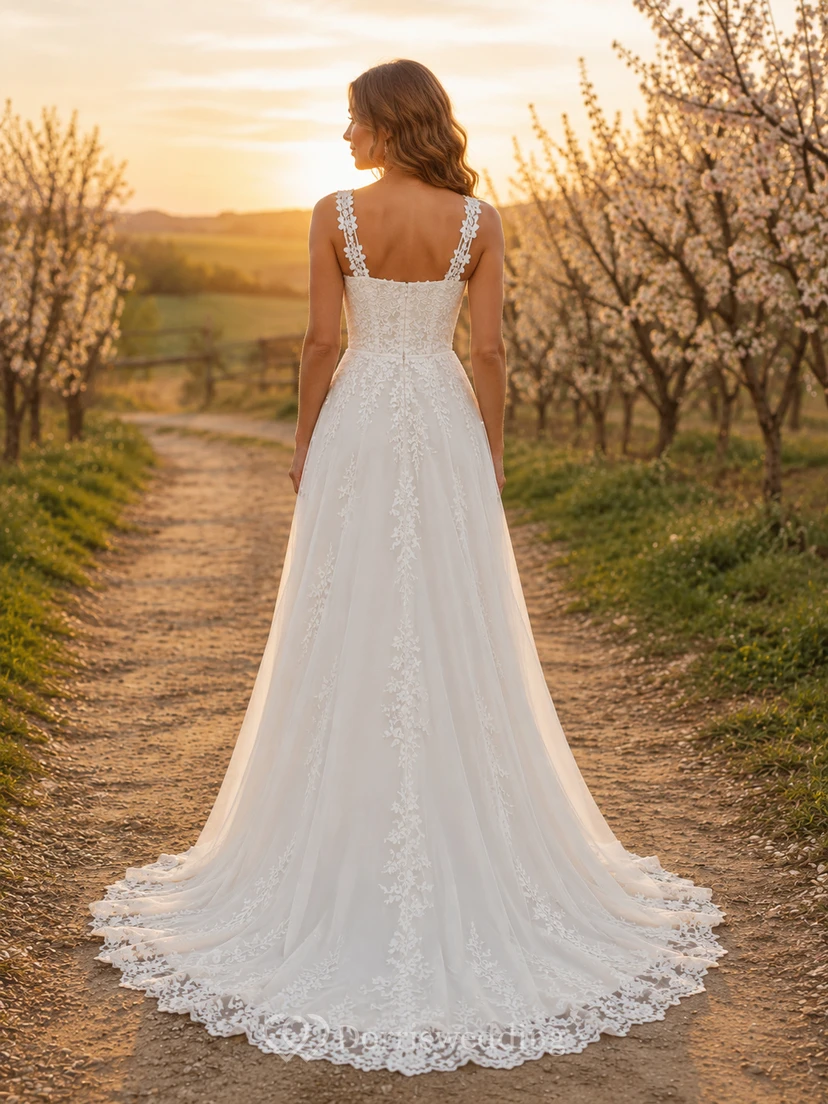 Rustic Square Strap Floral Lace A Line Sweep Train Wedding Dress view 2