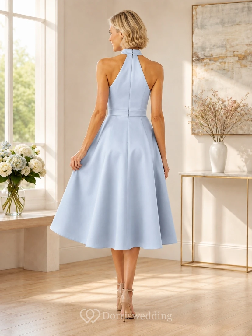 Sky Blue High Neck Sleeveless Satin A-Line Tea Dress view 2