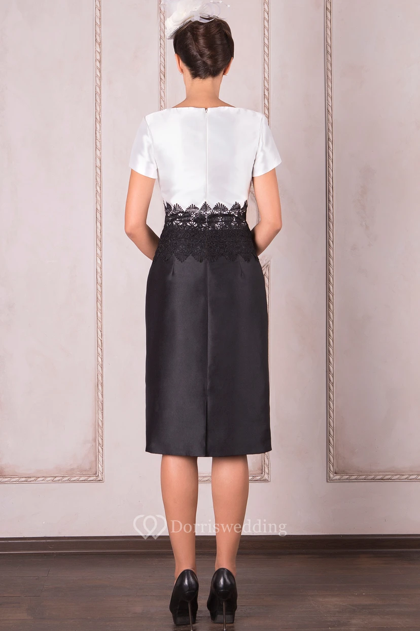 Knee-Length Pencil Appliqued Short Sleeve Scoop Neck Satin Mother Of The Bride Dress view 2