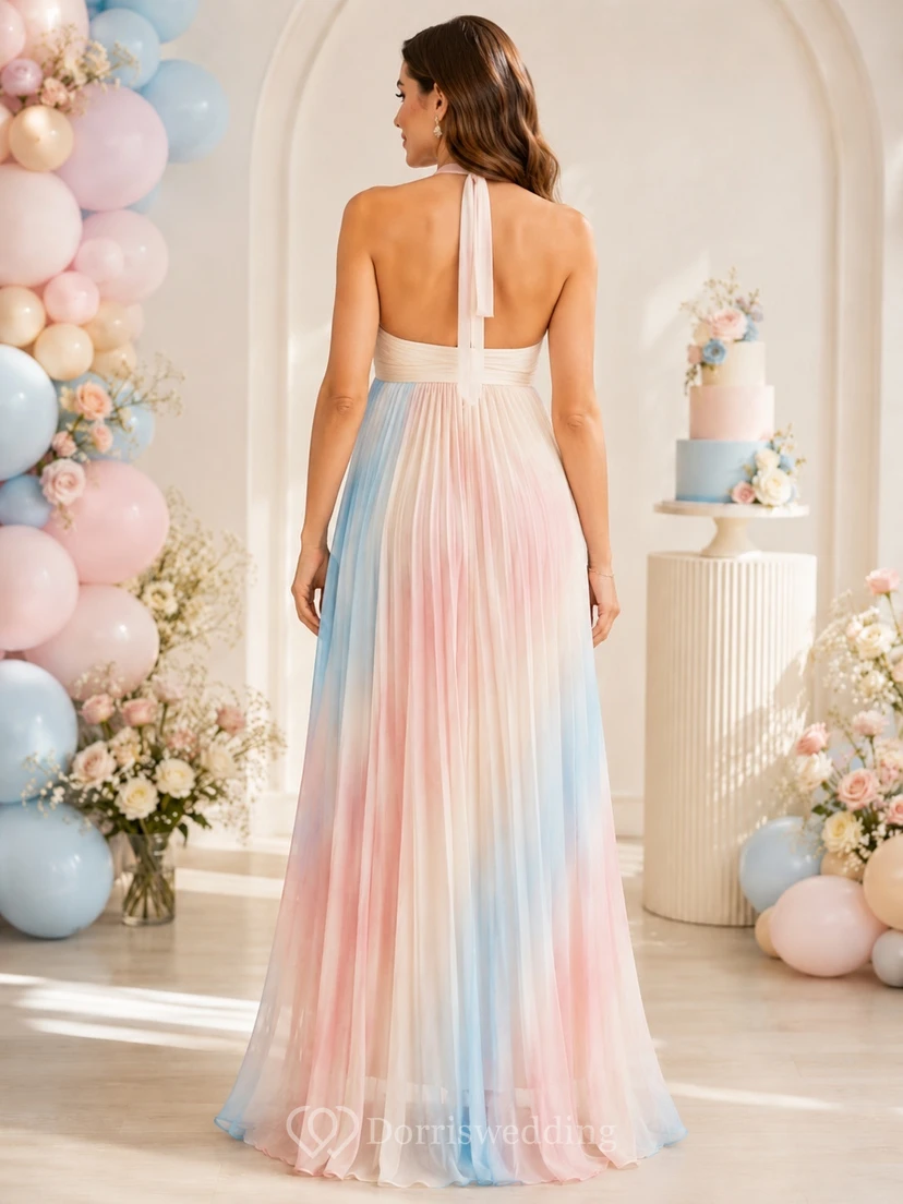 Maternity Pastel Halter Pleated Chiffon Empire Floor-Length Gradient Formal Gown view 2