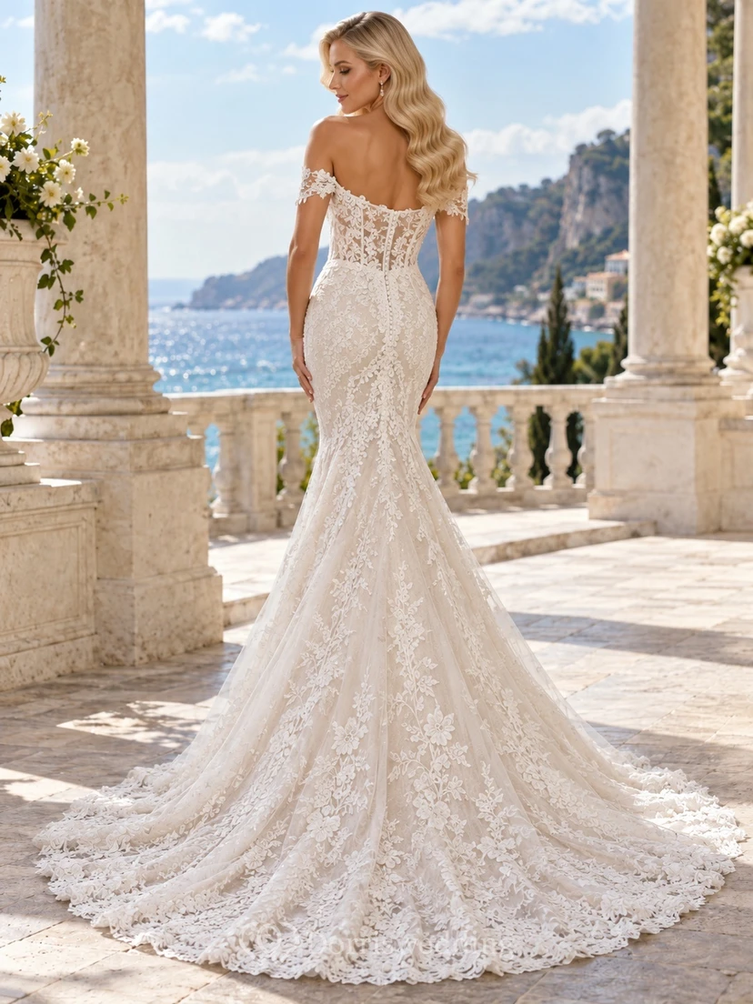 Mermaid Off Shoulder Plunge Sweetheart Lace Bridal Train Wedding Dress view 2