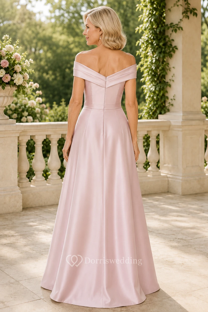 MOB-Kleid aus rosafarbenem Satin, A-Linie, kurze Ärmel, schulterfrei, bodenlang, gerafft view 2