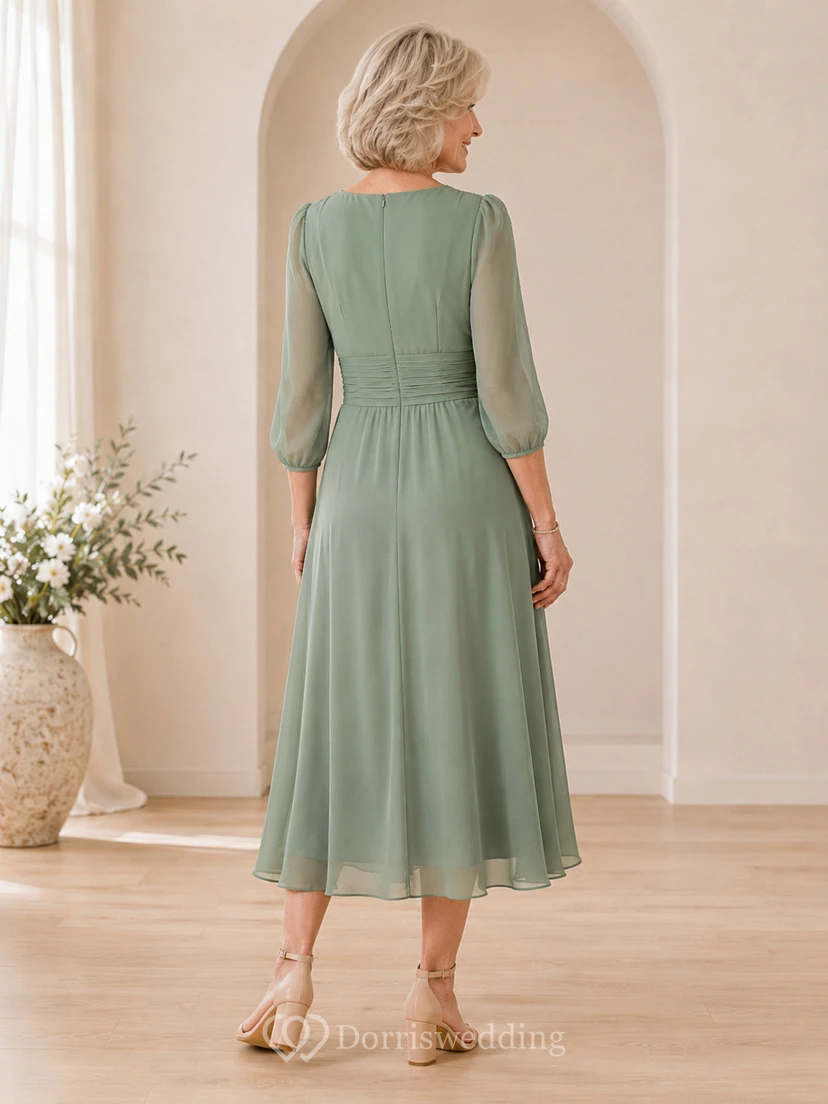 Elegant Older-Women Celadon V-Neck Three-Quarter-Sleeve Chiffon A-Line Tea-Length Mother Dress view 2