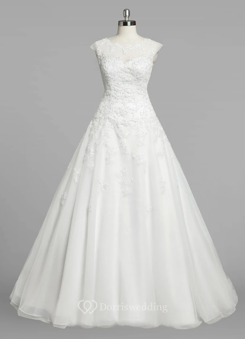 Jewel Neck Cap Sleeve A-Line Organza Wedding Dress Styles With Lace Bodice