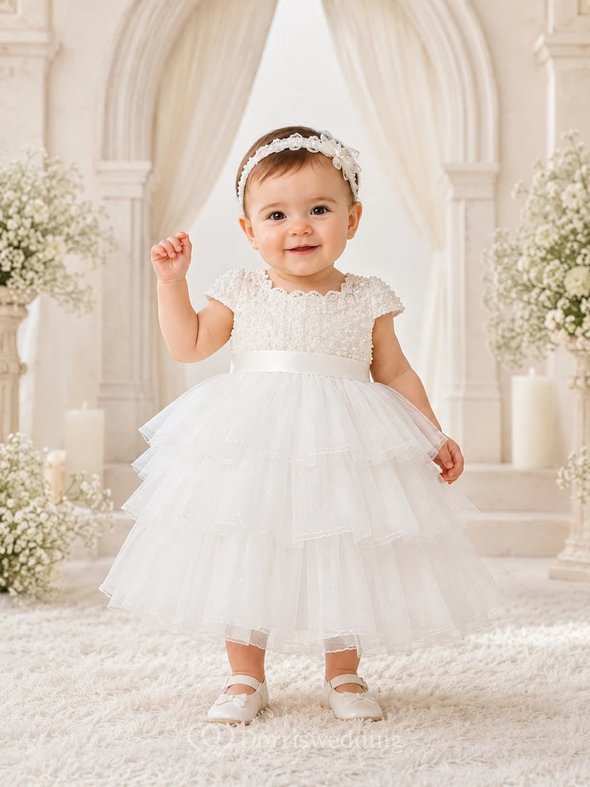 Layered Tulle Baby Baptism A-Line Cap Sleeve Tiered Dress Romantic Adorable Lace