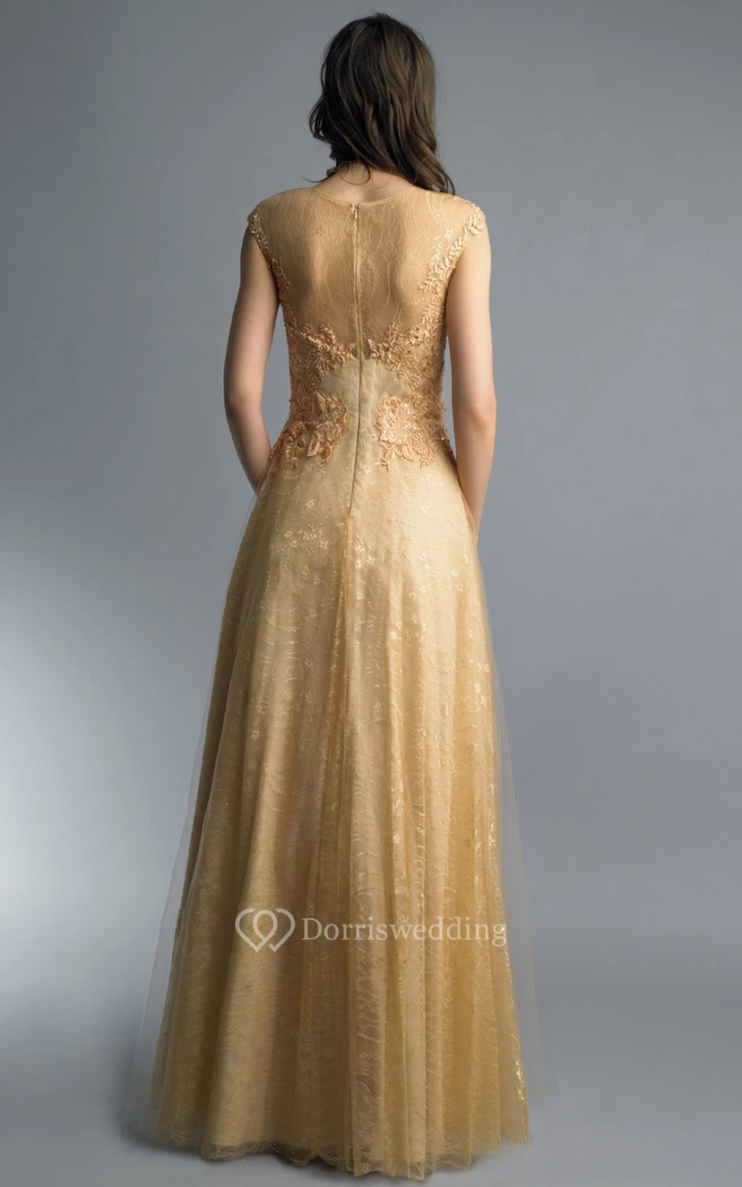 A-line Floor-length High Neck Short Sleeve Lace Illusion Dress view 21