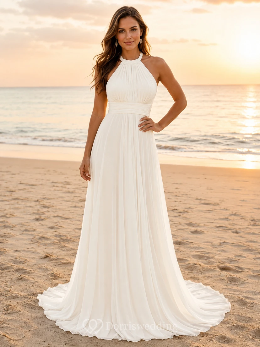Bohemian High Neck Halter Chiffon A-Line Open Back Beach Wedding Dress