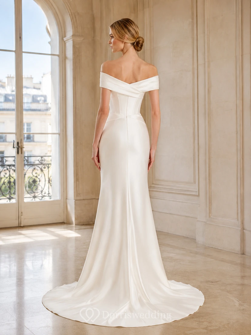Robe de mariée sirène minimaliste en satin satiné à épaules dénudées et manches courtes view 2