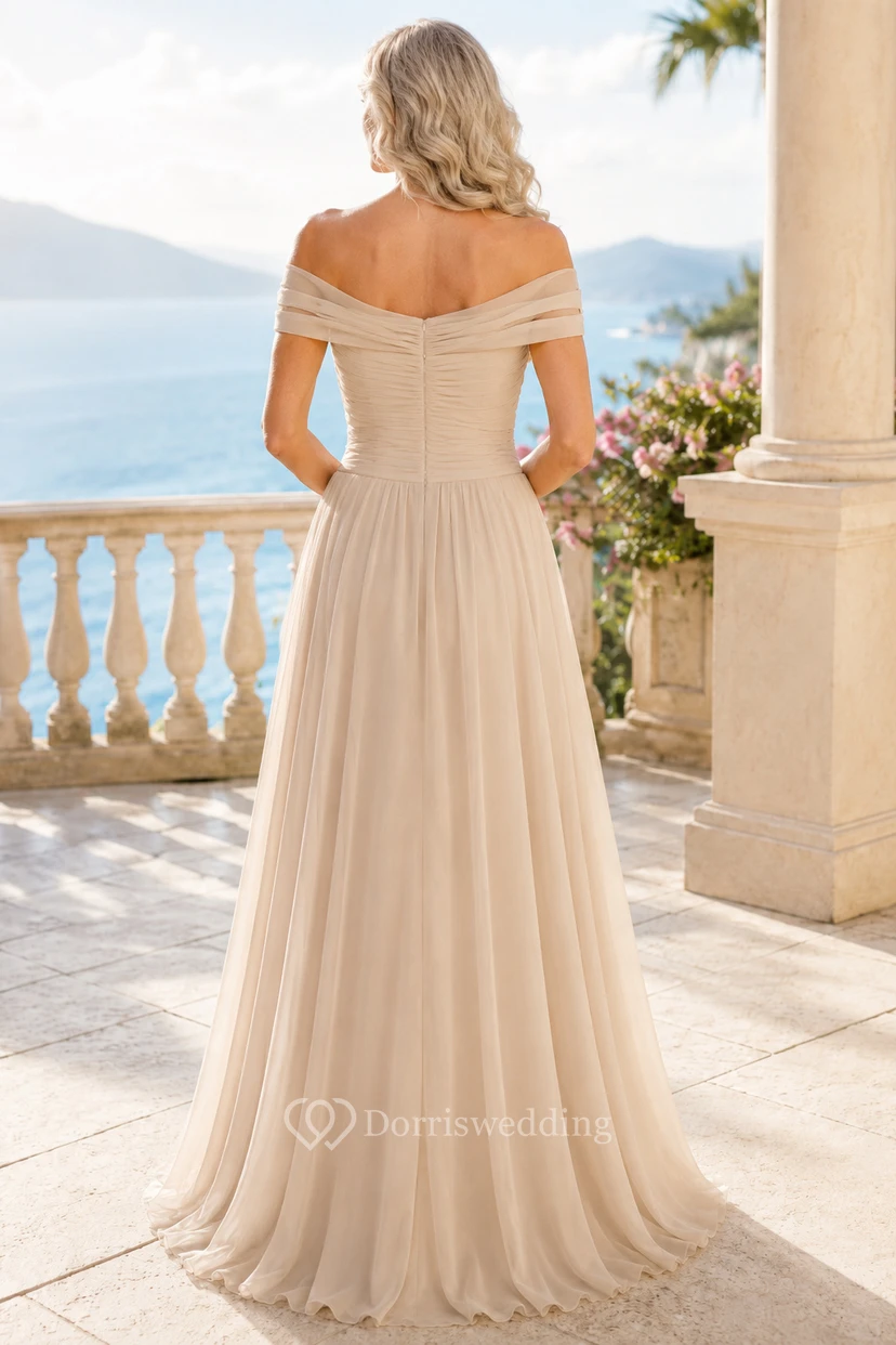 Maternity MOB Dress Champagne Tulle A-Line Short Sleeve Off Shoulder Floor Length Pleated view 2