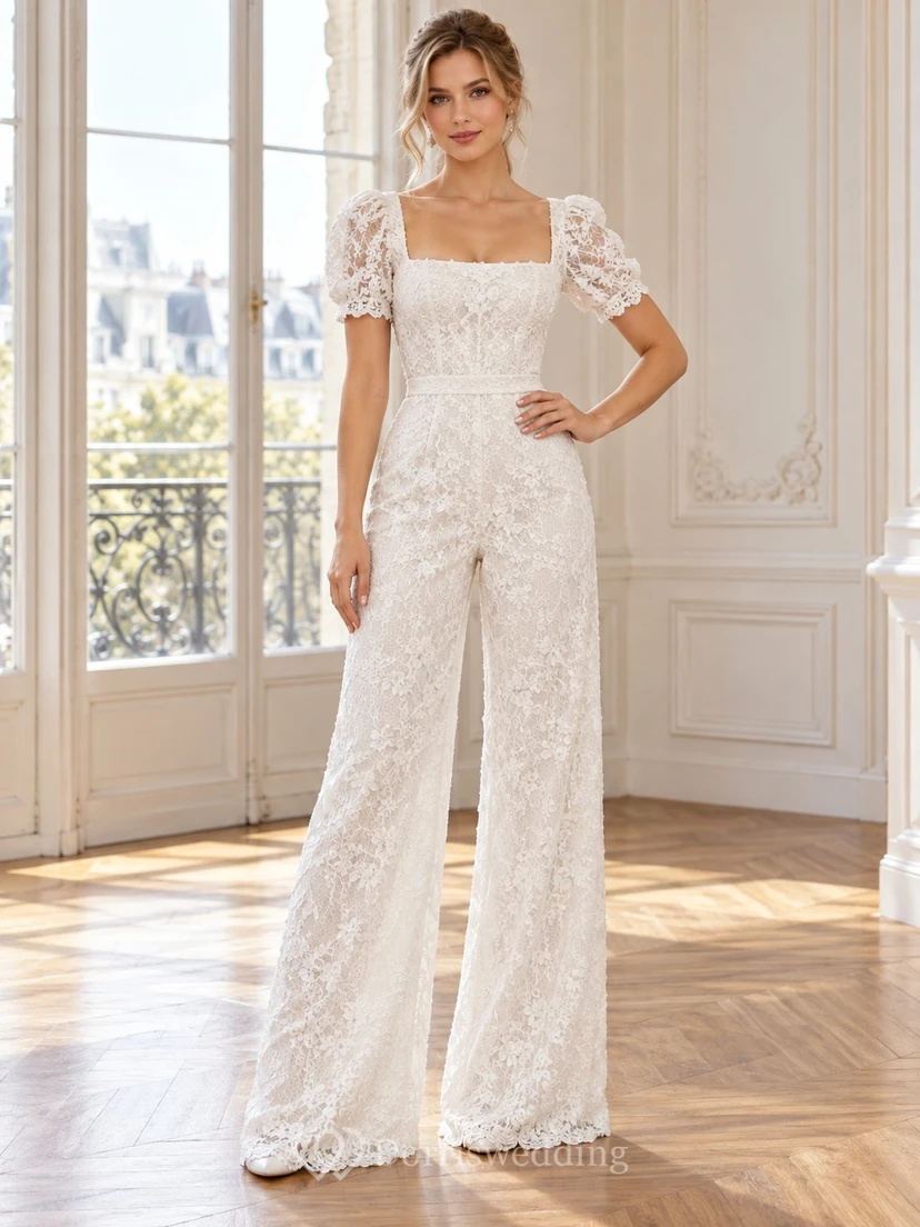 Combinaison de mariage à jambes larges en dentelle florale et col carré, manches bouffantes et dentelle florale