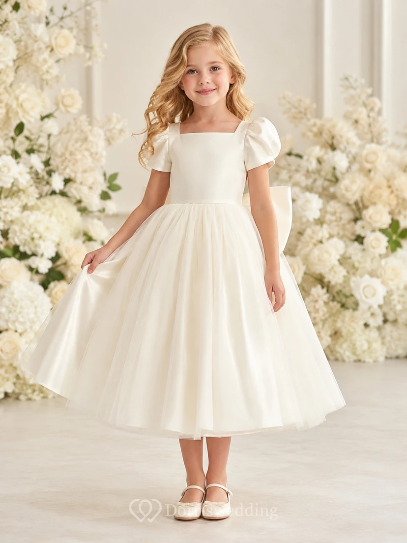 Puff Sleeve Tulle A-Line Flower Girl Tea-Length Garden Bow Dress