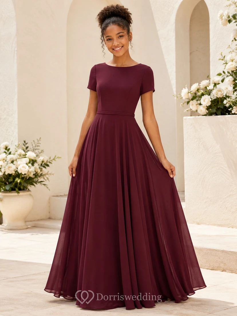 Robe de demoiselle d'honneur junior bordeaux, coupe trapèze, manches courtes et ornée de bijoux, simple