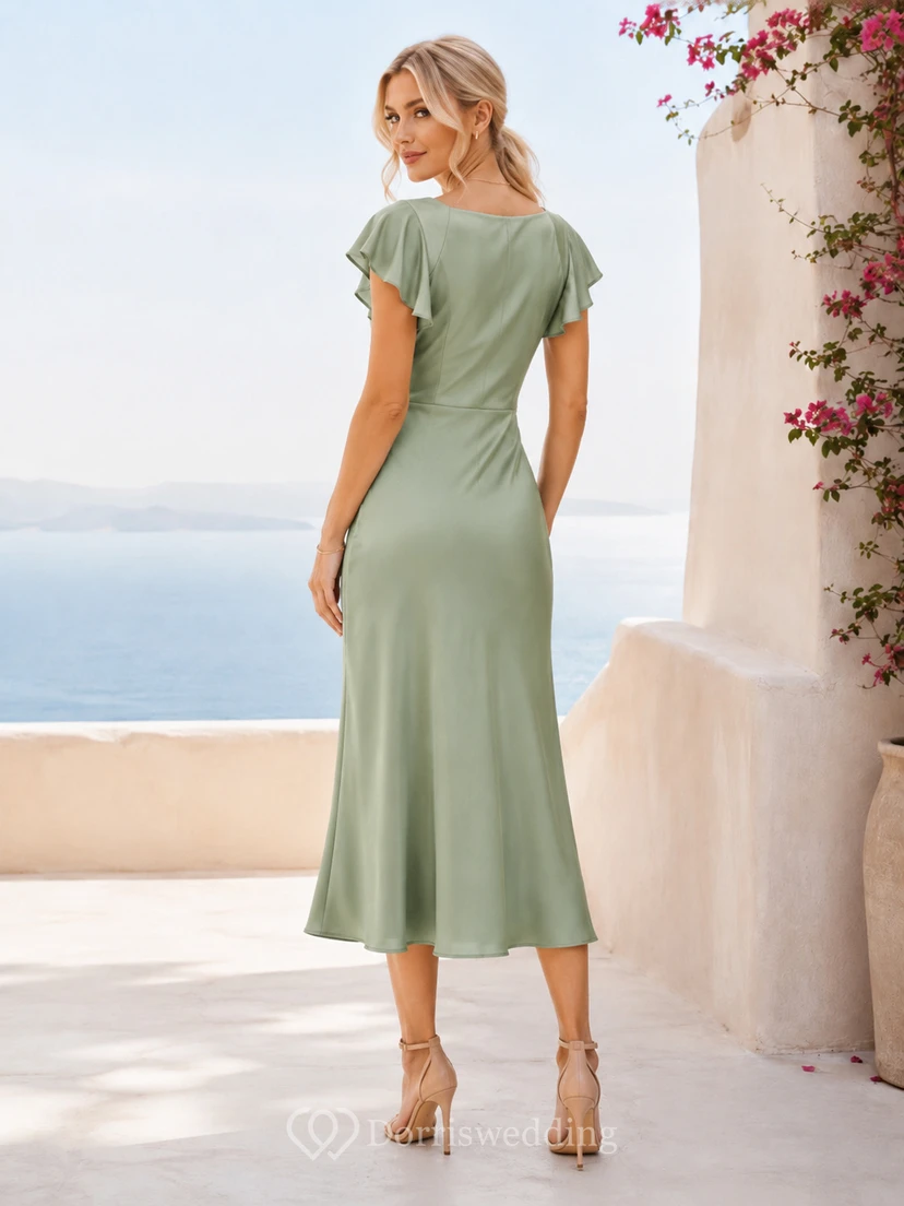 Meadow Slip Celadon Sheath Ankle-Length V-Neck Short-Sleeve Satin Elegant Guest Dress view 2
