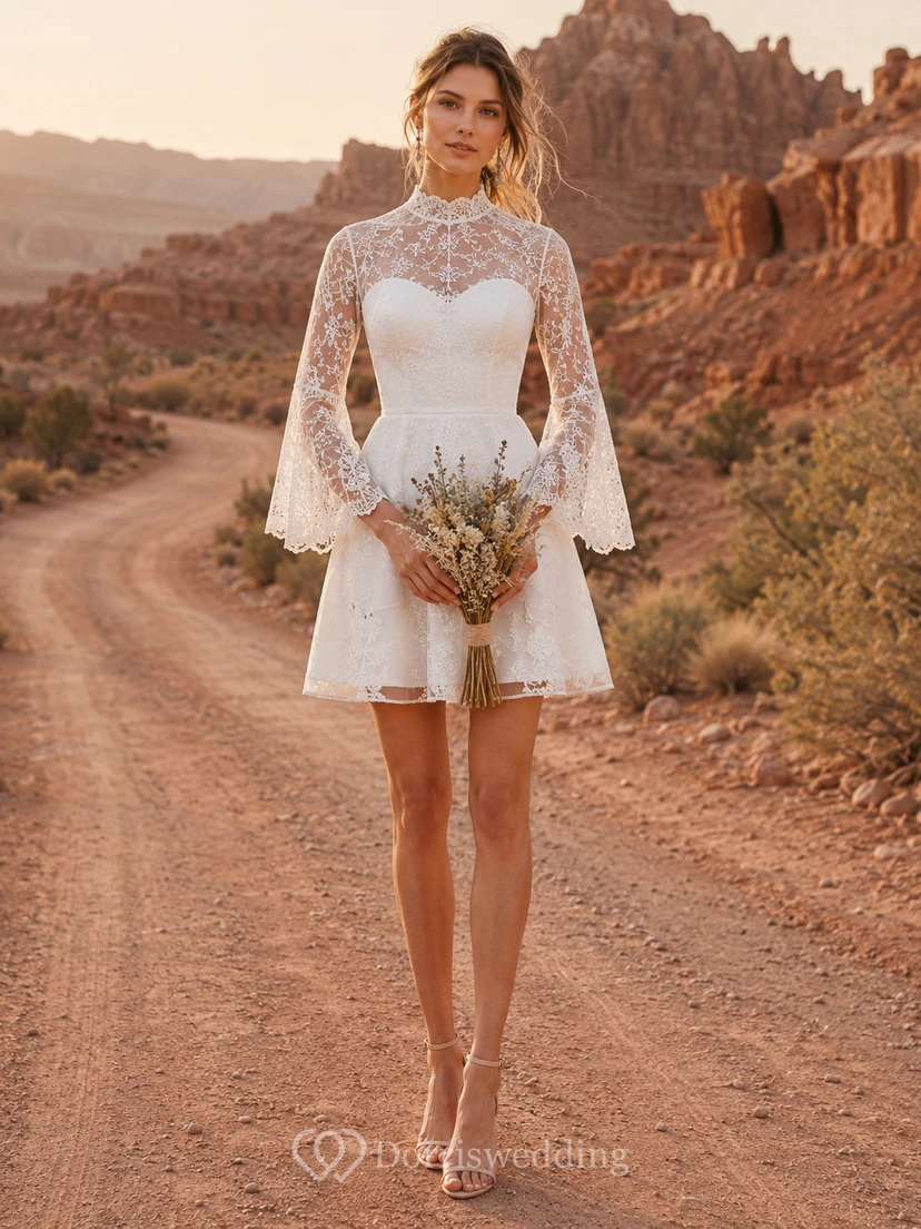 Short Boho High Neck Lace Bell Sleeve Bridal Dress