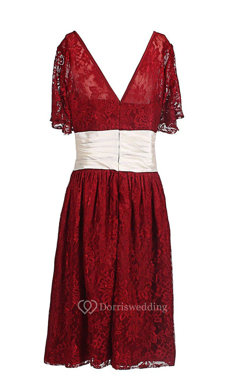Half-sleeved A-line Lace Dress With Ruched Waist view 4