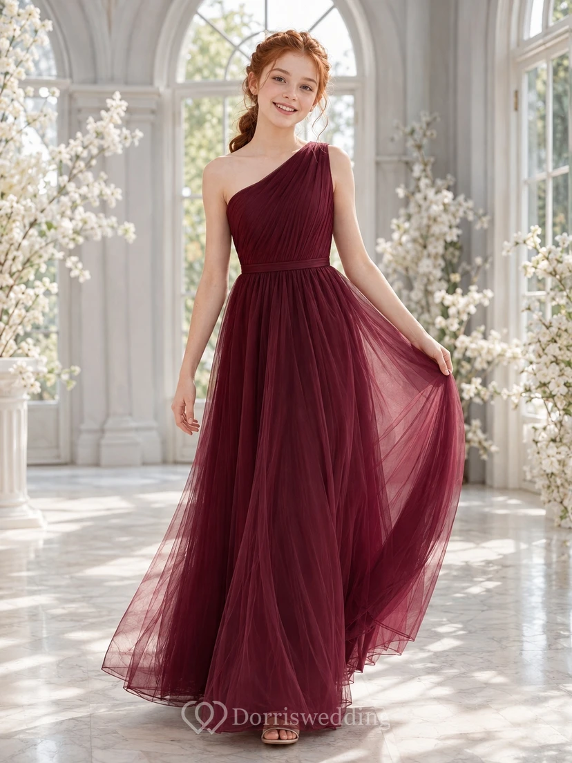 Robe de demoiselle d'honneur junior bordeaux, coupe trapèze, asymétrique, sans manches, drapée et sexy