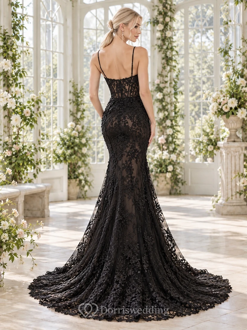 Black Mermaid Spaghetti Strap Plunging Lace Corset Bridal Wedding Dress view 2