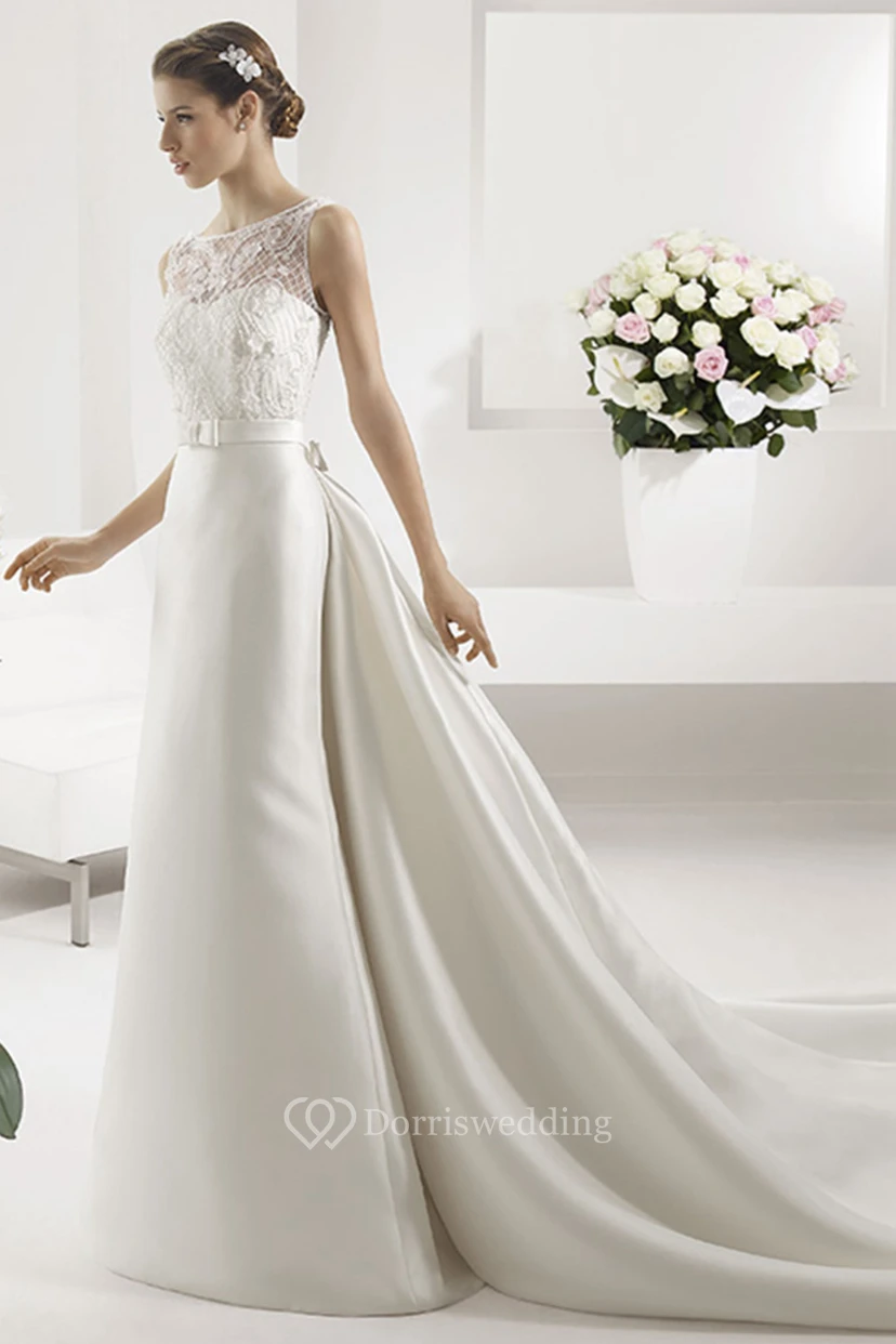 Bateau Neck Sheath Bridal Gown With Appliqued Top And Satin Skirt view 3