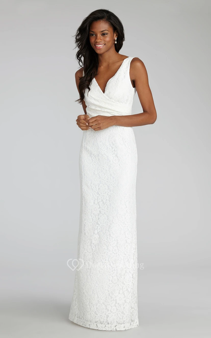 Impressive Sheath Floor-length Lace Dress with V-neck and Criss Crossed Ruching  view 8
