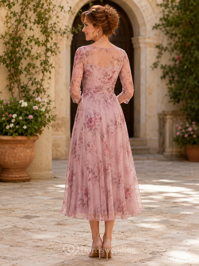 Dusty Rose Floral High Neck Long Sleeve Chiffon Mother Dress view 2