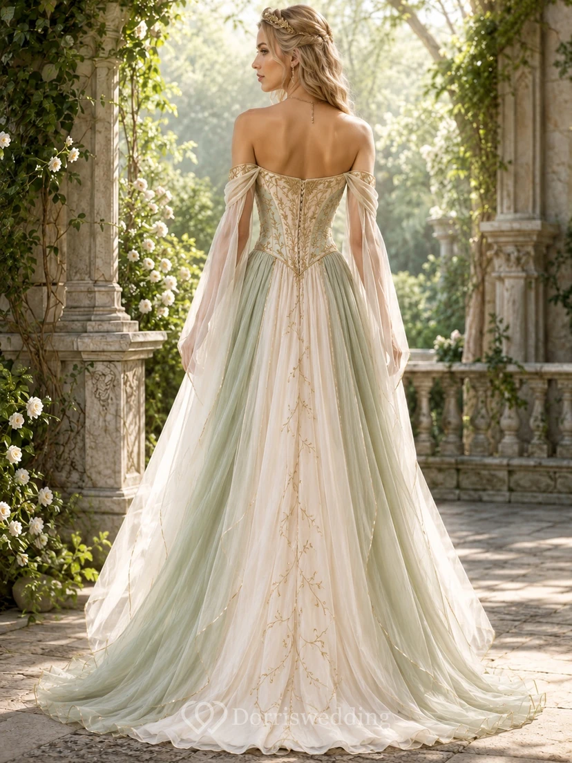 Sage Ombre Corset Off Shoulder Lace Applique A-Line Sweep Train Fantasy Gown view 2