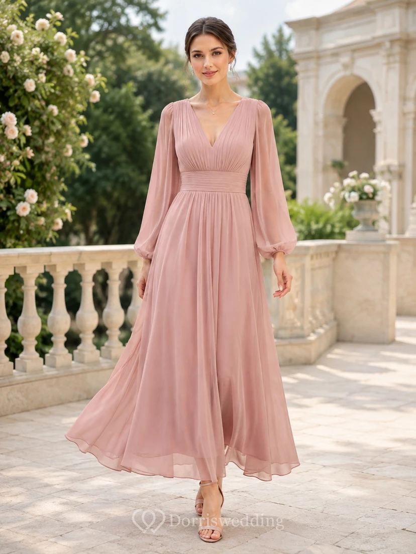 Dusty Rose V-Neck Long Poet Sleeve Chiffon A-Line Floor-Length Modest Evening Dress