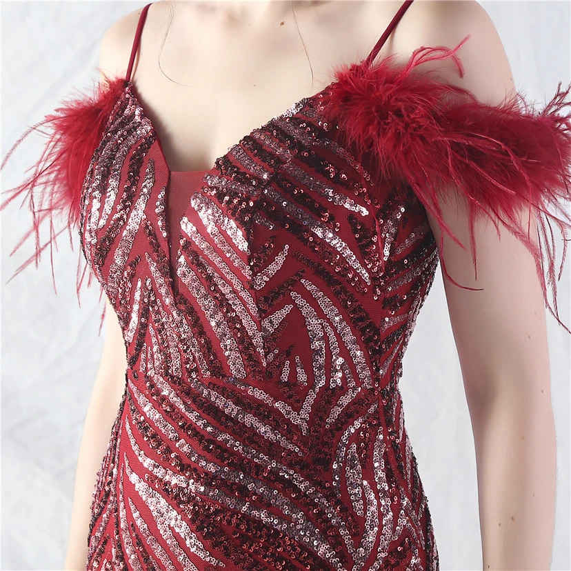 Crafted Ostrich Feather Stacked Sequins Splicing Mesh Gauze High-End Evening Dress Clothes view 9