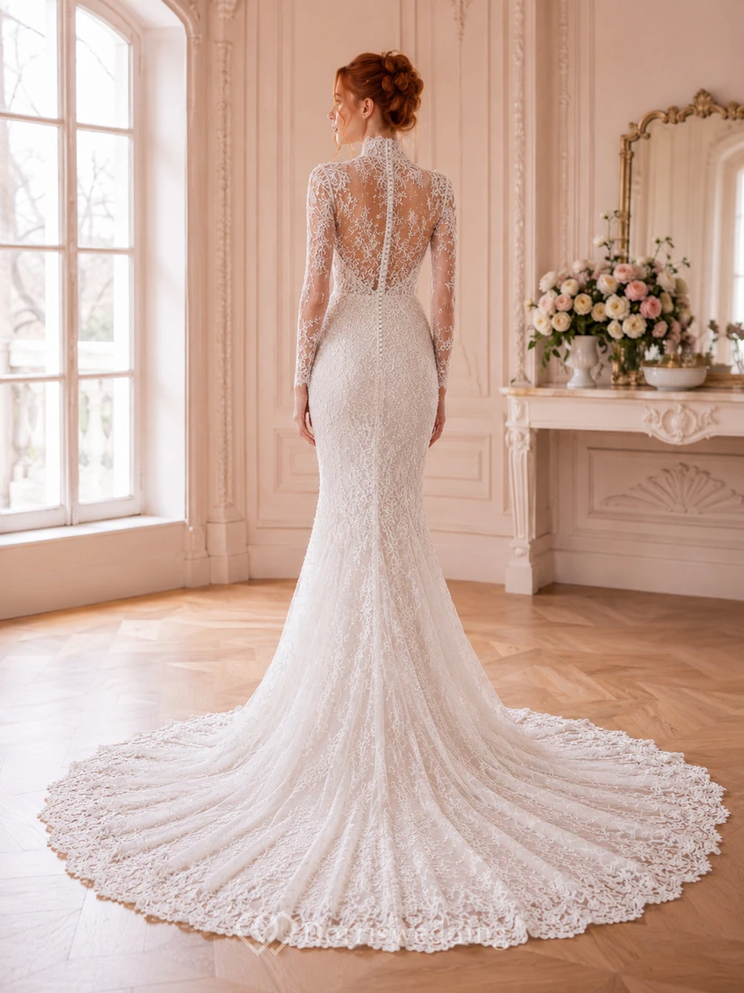 Robe de mariée sirène en dentelle illusion à col montant et manches longues, traîne cathédrale view 2