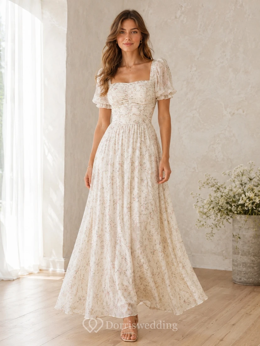 Cream Square Neck Puff Sleeve Floral Lace A-Line Floor-length Formal Dress