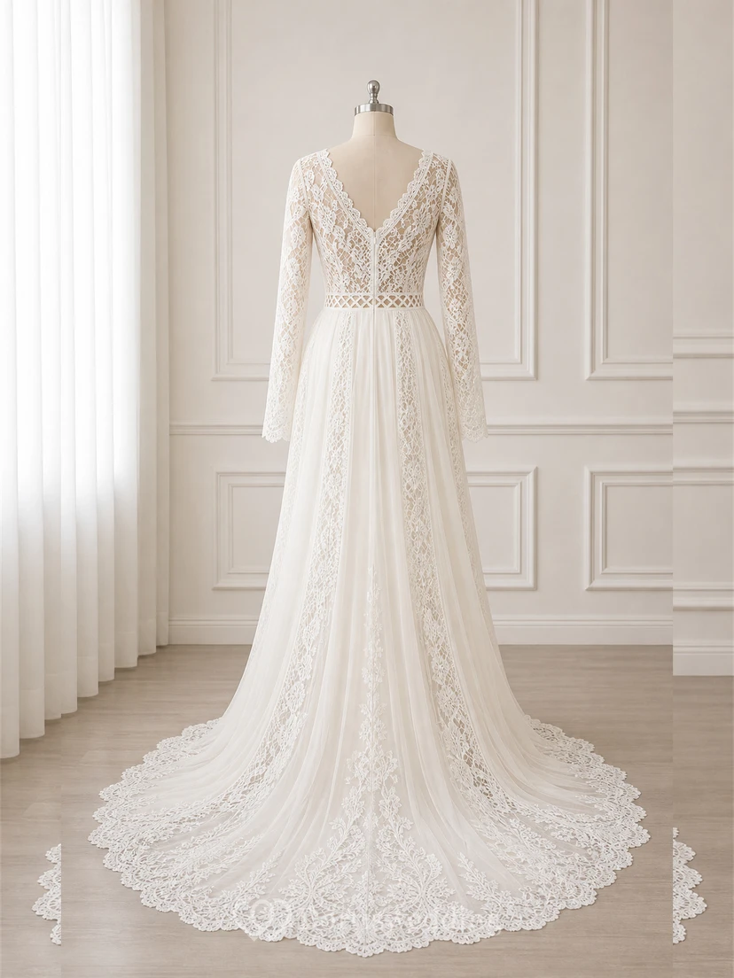 Vestido de novia sencillo de manga larga y modesto | Vestido de novia bohemio de encaje para ceremonia civil view 10