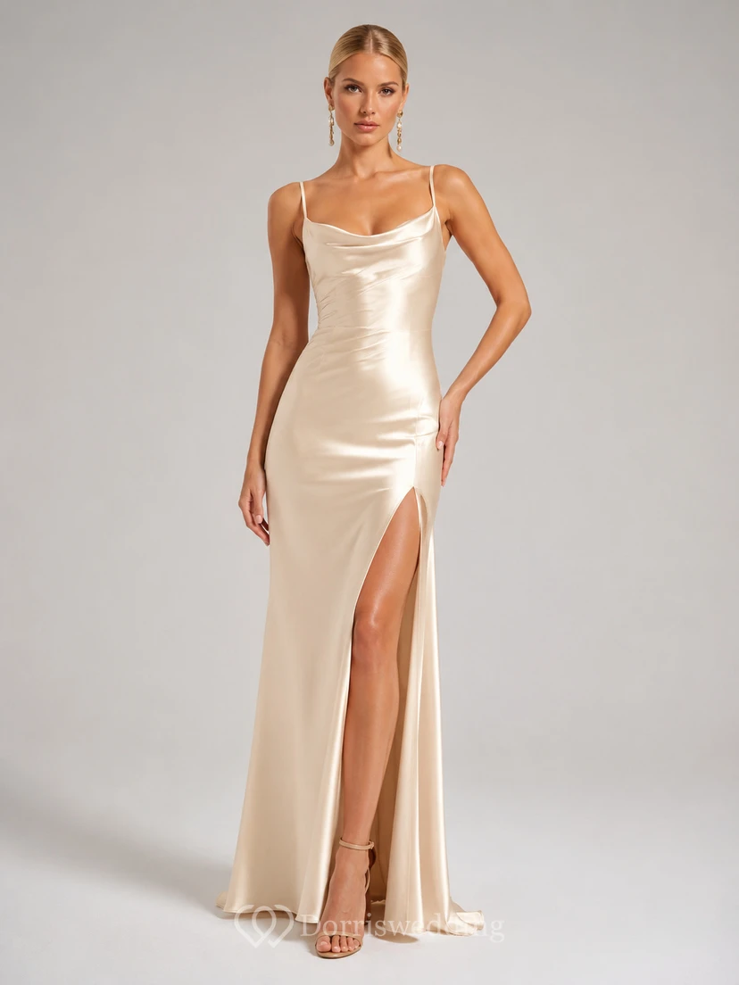 Simple Spaghetti Strap Satin Side Slit Floor Length Wedding Dress