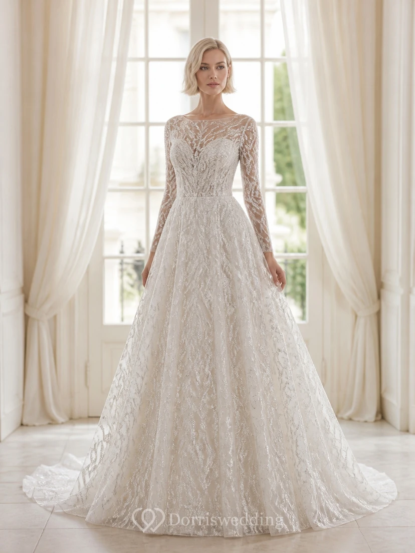 Vestido de novia tradicional de encaje con mangas largas y corte en A para novias mayores.