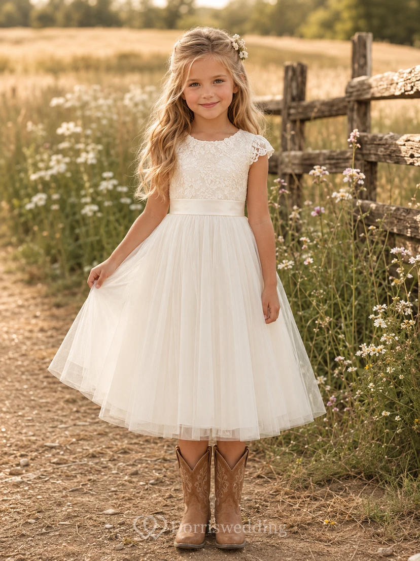 A-Line Flowergirl Lace Tulle Tea-Length Cap Sleeve Rustic Western Wedding Dress