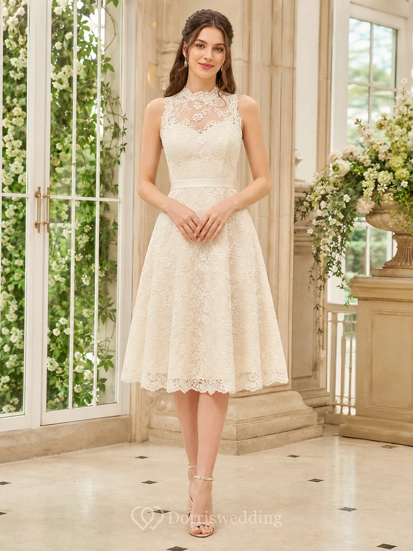 Modest Lace Ivory A-Line Tea-length High Neck Sleeveless Vintage Cocktail Guest Vow Renewal Dress