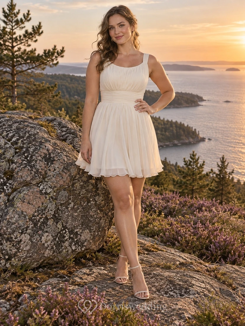 Kurzes, schlichtes Chiffon-Brautkleid in A-Linie mit Rundhalsausschnitt und geraffter Taille