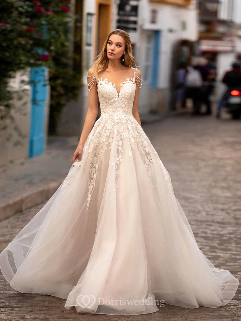 Robe de mariée de bal trapèze à imprimé spaghetti et dentelle appliquée, style empire
