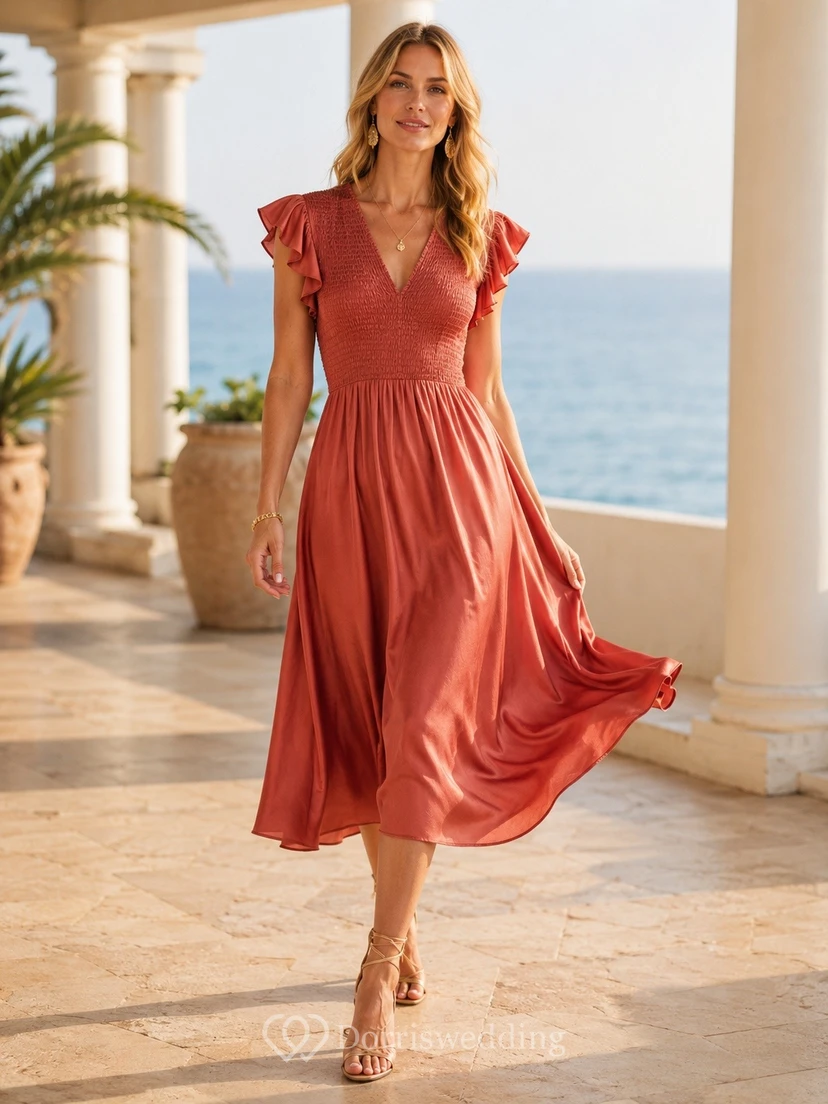 Vestido de gasa color coral con escote en V, manga corta y corte en A hasta los tobillos