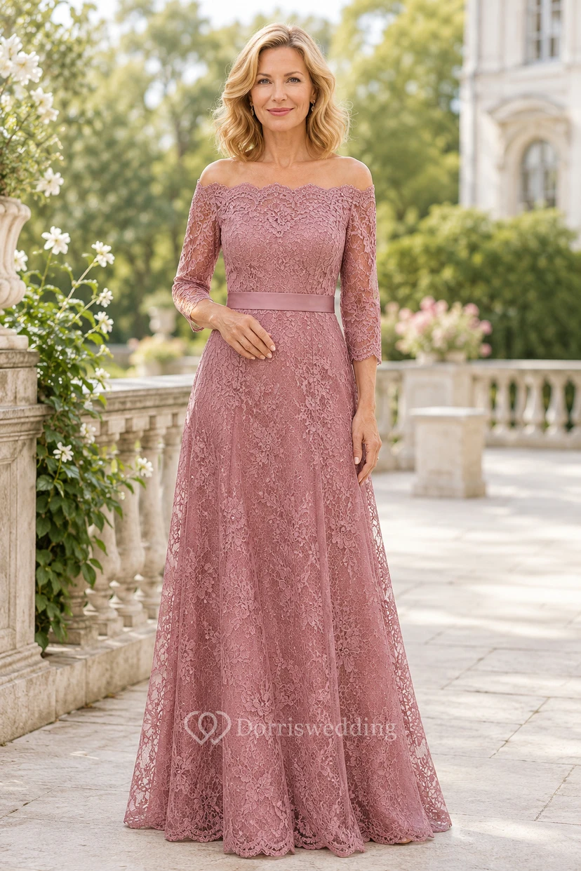 MOB-Kleid aus altrosa Spitze, A-Linie, 3/4-Ärmel, schulterfrei, bodenlang