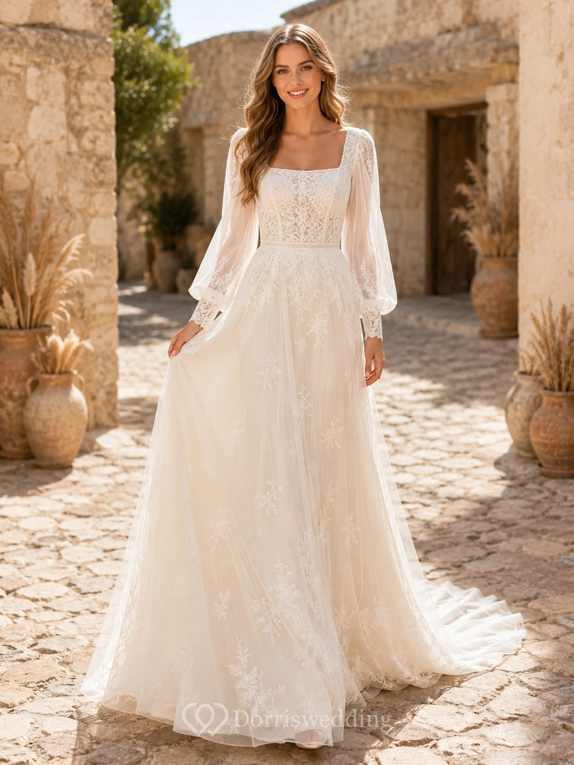 Modest Boho Square Neck Long Poet Sleeve Lace Tulle A-Line Sweep Train Wedding Gown